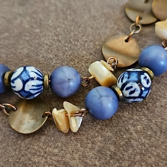 VTG Coldwater Creek Ceramic Shell Bronze Disc Beaded Chain Long Necklace - Picture 8 of 9